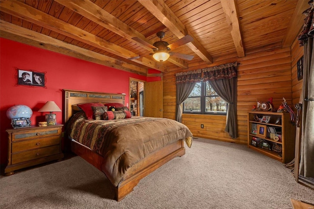 bedroom featuring beam ceiling, ceiling fan, wooden walls, carpet, and wood ceiling