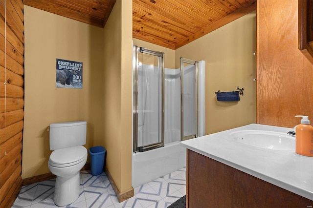 full bathroom featuring tile patterned floors, shower / bath combination with glass door, wooden ceiling, and toilet