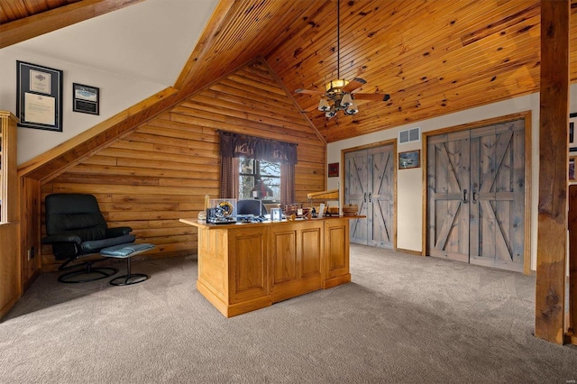 home office with rustic walls, wood ceiling, light colored carpet, ceiling fan, and high vaulted ceiling