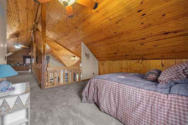 bedroom featuring lofted ceiling, wood ceiling, carpet floors, and wooden walls