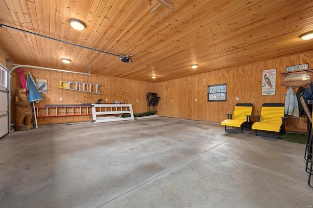 garage with wooden walls and wood ceiling