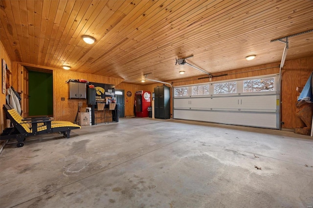 garage with wood walls and wood ceiling