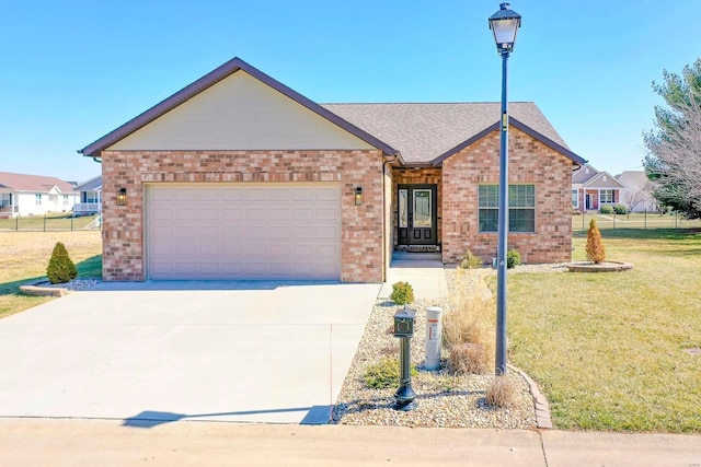 single story home featuring brick siding, a front lawn, concrete driveway, roof with shingles, and a garage