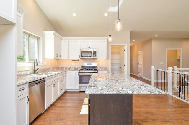 kitchen featuring a sink, recessed lighting, wood finished floors, and stainless steel appliances