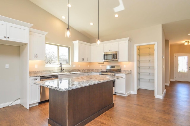 kitchen featuring a sink, stainless steel appliances, wood finished floors, and white cabinetry