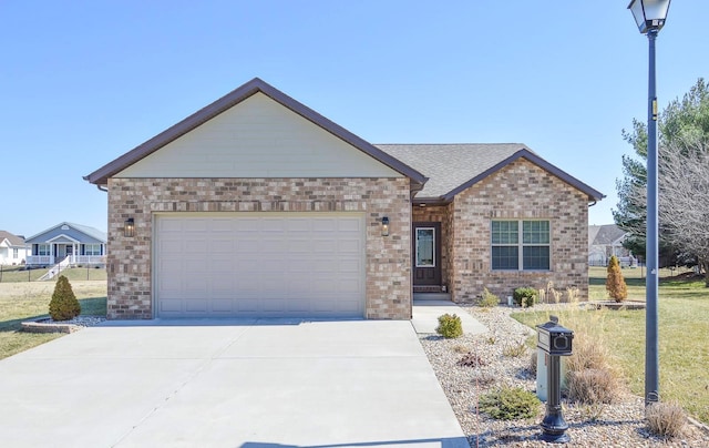 single story home with roof with shingles, an attached garage, concrete driveway, a front lawn, and brick siding