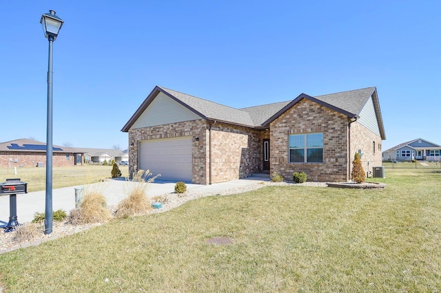 single story home with a front yard, cooling unit, roof with shingles, an attached garage, and brick siding