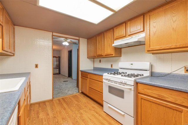 kitchen with ceiling fan, light hardwood / wood-style flooring, white appliances, and sink