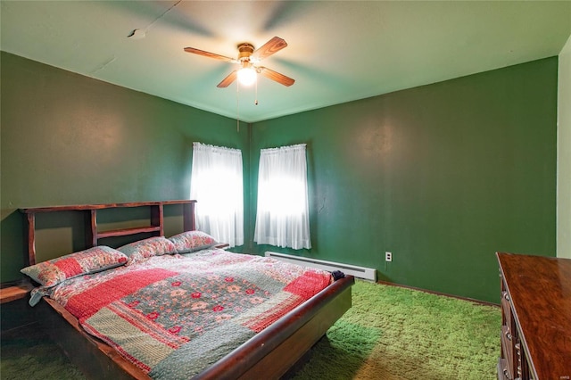 bedroom featuring ceiling fan, carpet, and a baseboard radiator