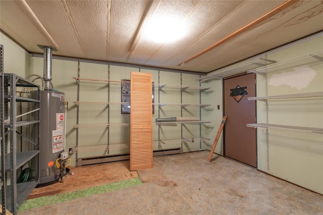 basement with light colored carpet and water heater