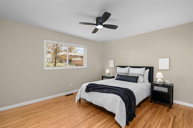 bedroom featuring ceiling fan and light hardwood / wood-style floors