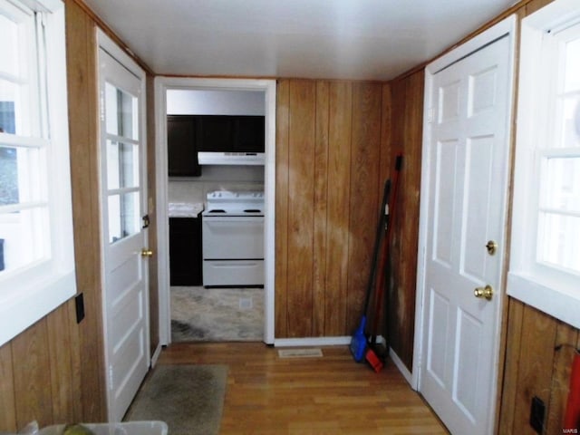 entryway with wooden walls and light hardwood / wood-style flooring