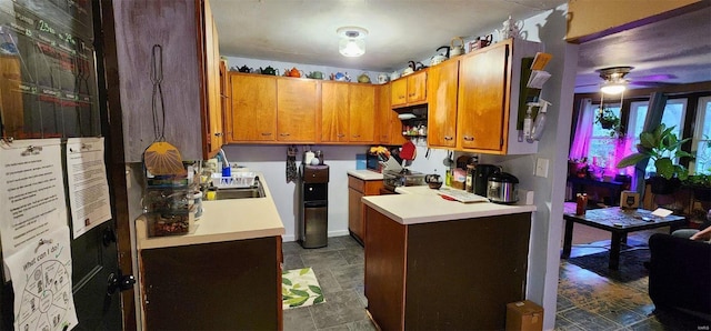 kitchen with ceiling fan, stainless steel electric range oven, and sink