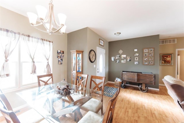 dining area featuring wood-type flooring, an inviting chandelier, and a wealth of natural light