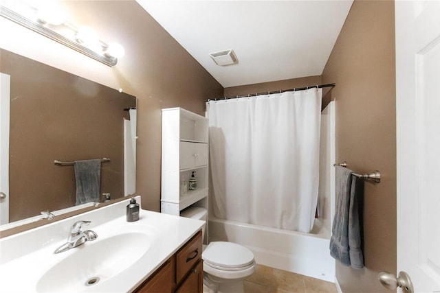 full bathroom with vanity, tile patterned flooring, shower / bathtub combination with curtain, and toilet