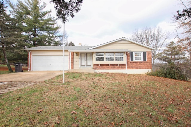 ranch-style home with a garage and a front lawn