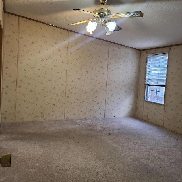 carpeted empty room featuring ceiling fan, a textured ceiling, and ornamental molding