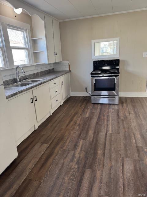 kitchen with white cabinets, sink, dark hardwood / wood-style floors, ornamental molding, and stainless steel range oven