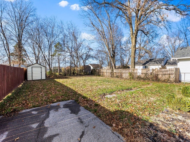 view of yard featuring a storage shed