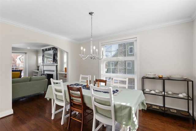 dining room featuring a notable chandelier, a wealth of natural light, dark wood-type flooring, and ornamental molding