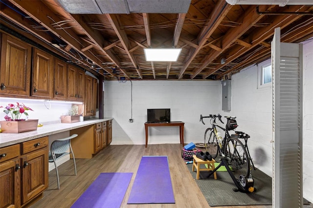 workout room featuring electric panel and light hardwood / wood-style flooring