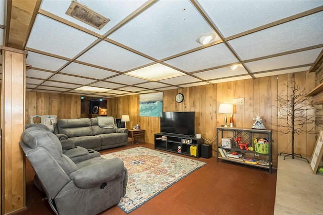 living room with coffered ceiling