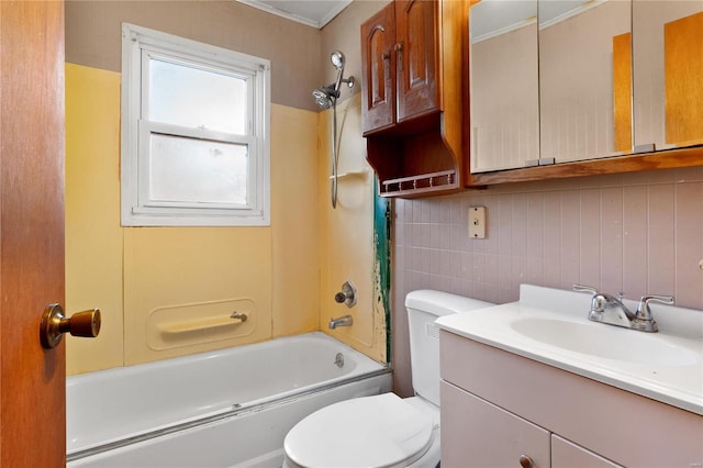 full bathroom featuring bathtub / shower combination, tile walls, backsplash, vanity, and toilet