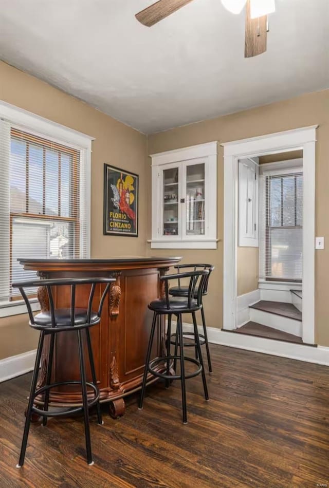 bar featuring white cabinetry, ceiling fan, a healthy amount of sunlight, and dark hardwood / wood-style floors