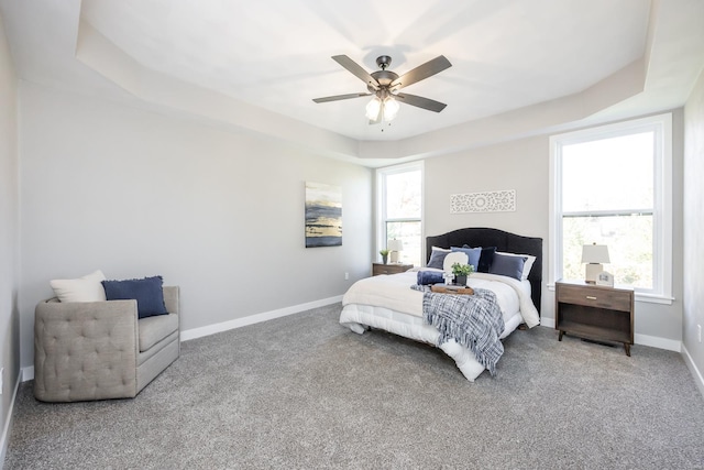 bedroom featuring carpet, a tray ceiling, and ceiling fan