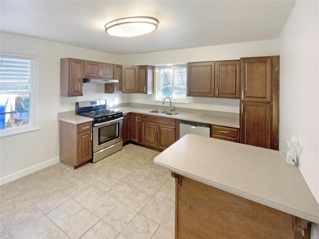 kitchen with kitchen peninsula, sink, and appliances with stainless steel finishes