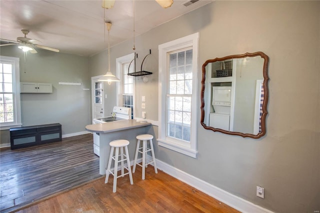 kitchen with dark wood finished floors, a kitchen bar, decorative light fixtures, and a healthy amount of sunlight