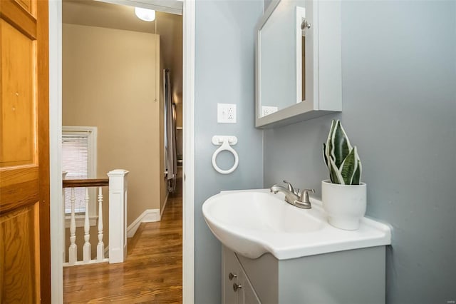 bathroom with wood-type flooring and vanity