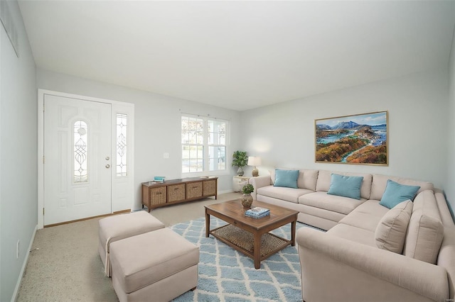 living room with light colored carpet