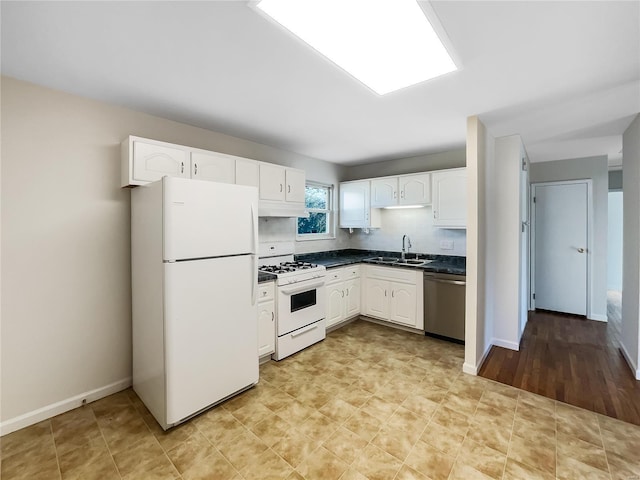 kitchen with white cabinetry, sink, white appliances, and light wood-type flooring