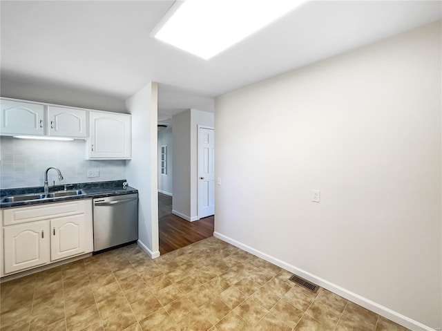 kitchen featuring backsplash, white cabinetry, sink, and stainless steel dishwasher