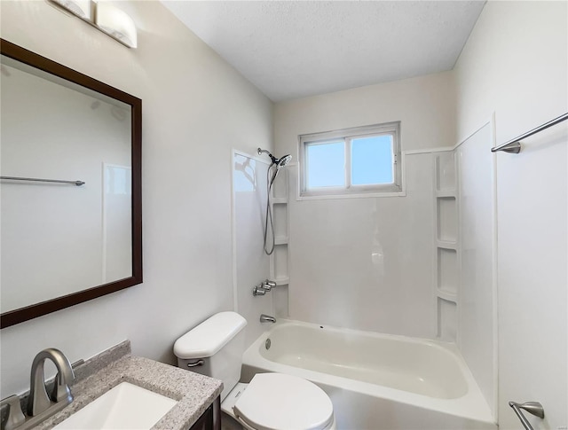 full bathroom featuring a textured ceiling, vanity,  shower combination, and toilet