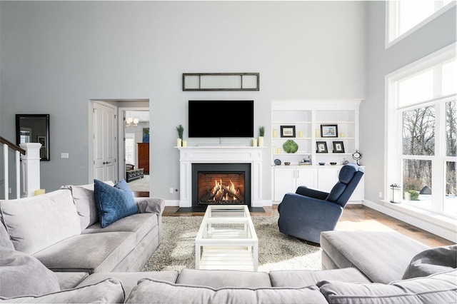 living room featuring hardwood / wood-style floors and a high ceiling