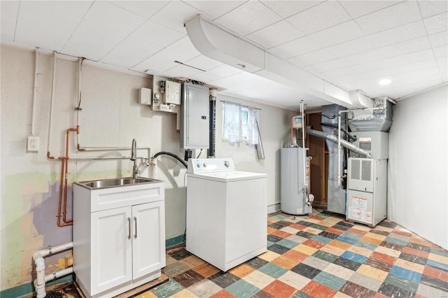 laundry room featuring cabinets, electric panel, gas water heater, sink, and washer / dryer