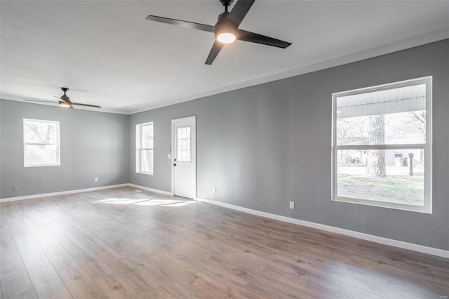 unfurnished room with ceiling fan and light hardwood / wood-style floors