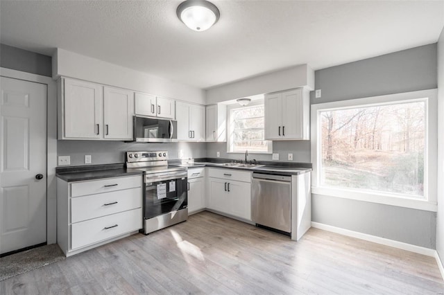 kitchen with white cabinets, sink, light wood-type flooring, and stainless steel appliances