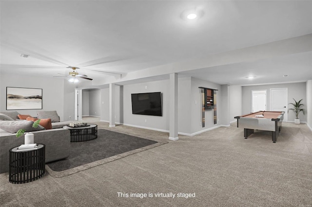 living room featuring light carpet, ceiling fan, and pool table