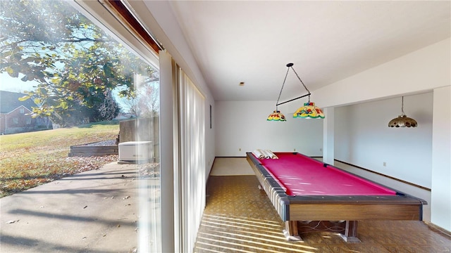 game room with lofted ceiling and billiards