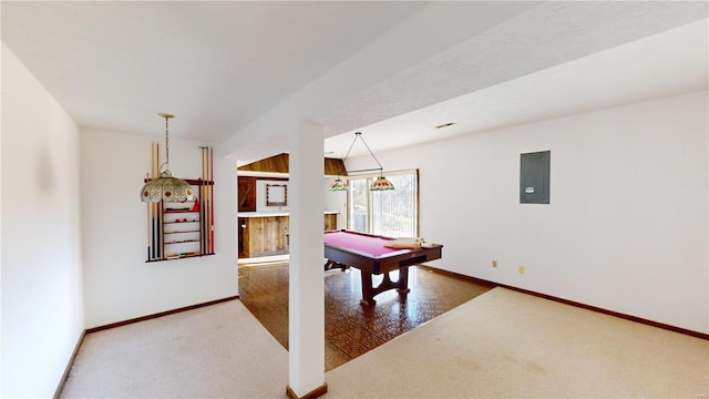 playroom with carpet flooring, electric panel, a textured ceiling, and pool table