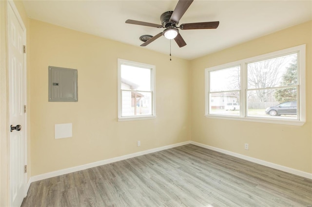 unfurnished room featuring electric panel, ceiling fan, and light hardwood / wood-style flooring