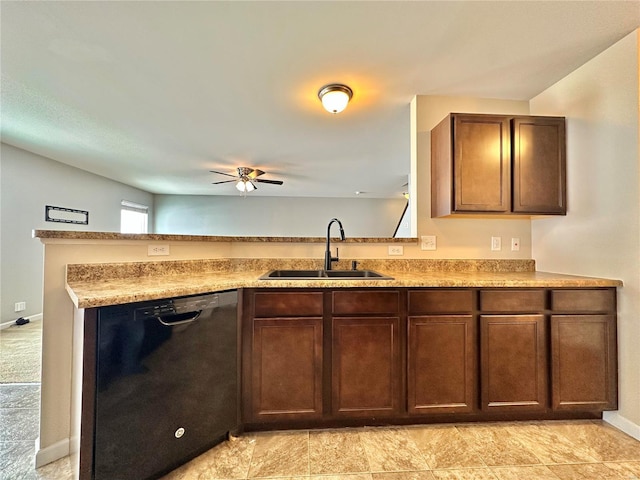 kitchen with ceiling fan, dishwasher, dark brown cabinets, and sink