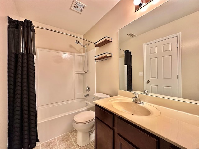 full bathroom with shower / tub combo, vanity, and toilet