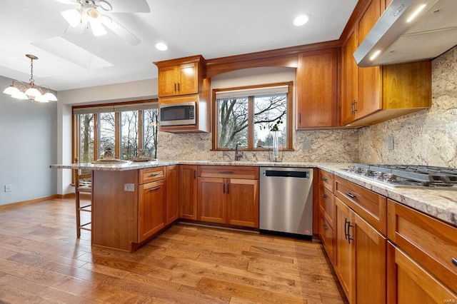 kitchen with appliances with stainless steel finishes, backsplash, light hardwood / wood-style floors, and exhaust hood