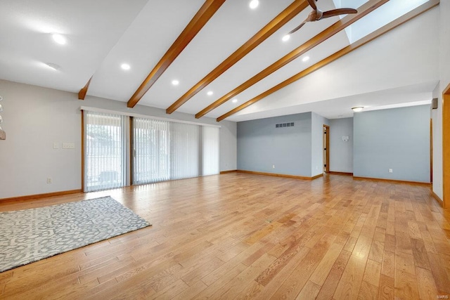 unfurnished living room with vaulted ceiling with beams, light hardwood / wood-style floors, and ceiling fan