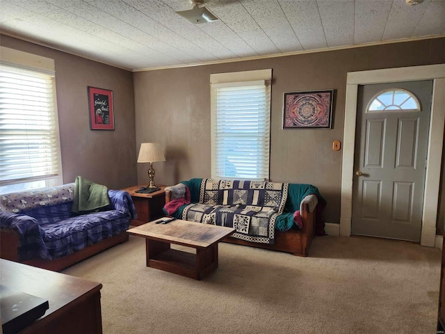 carpeted living room with ceiling fan and ornamental molding