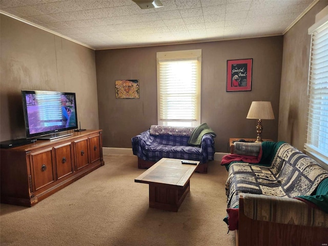 carpeted living room with ornamental molding